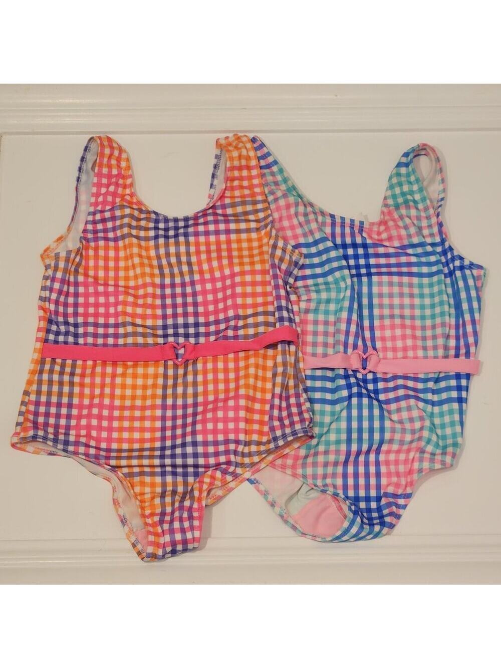 Pink Platinum Girls Swimsuits -Lot of 2- Scoop Neck Belted Plaid - Size 10/12
